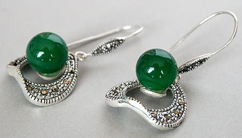 

10MM Round Natural Green Natural jade Beads 925 Silver Hook Marcasite Earrings 11/2"