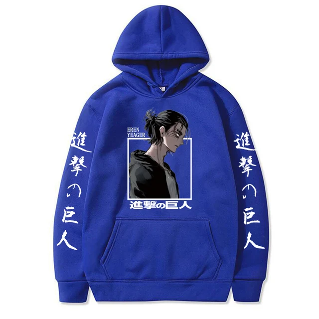Attack on Titan Eren Yeager Anime Hoodie Men Women Streetwear Hip Hop Unisex Sweatshirt Harajuku Oversized Hoody Tops Royal Blue