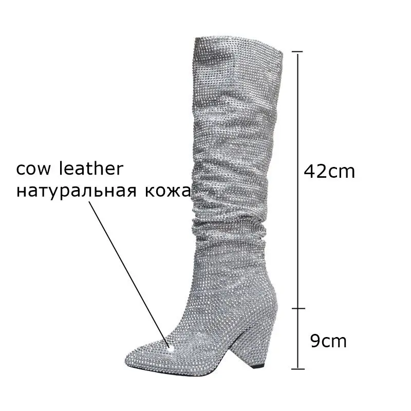 ALLBITEFO/модные брендовые сапоги до колена из натуральной кожи зимние женские сапоги для верховой езды на высоком каблуке со стразами модные высокие сапоги для девочек