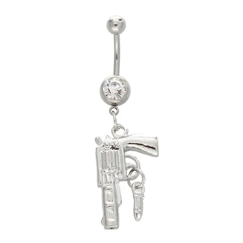 

316L Steel Crystal Gun Bullet Dangle Navel Belly Button Ring Bar 2"
