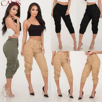 

2020 New Summer Ladies 3/4 Trousers Women's Three Quarter Elasticated Waist Capri Cropped Pants