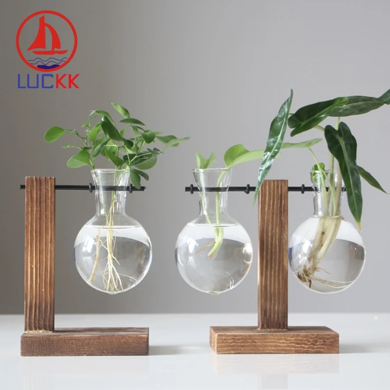 LUCKK Террариум гидропонный завод прозрачная стеклянная ваза и поднос с деревянной рамой Настольный цветочный горшок подвесной бонсай для домашнего декора