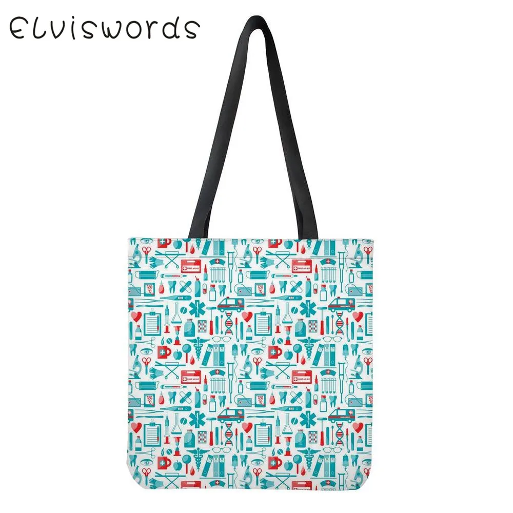 ELVISWORDS, винтажные холщовые модные женские сумки, милые сумки для медсестры, стоматолога, инструменты, медицинский принт, Женская Большая линия, сумки на плечо, предложения