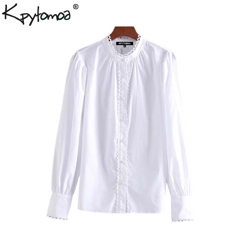 Ceny W stylu Vintage słodkie muszelka wykończenia Patchwork bluzki kobiety 2019 moda O Neck z długim rękawem urząd Wear koszule Blusas Mujer Chic topy