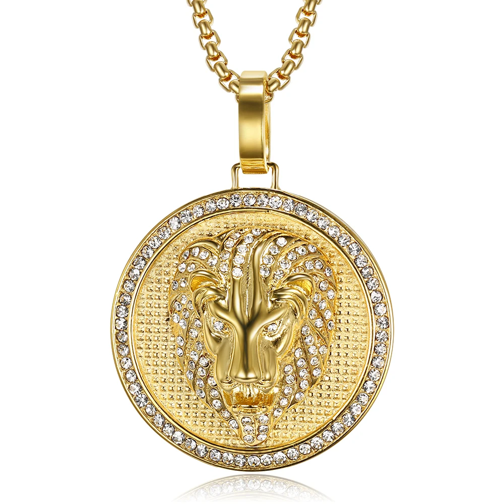 

Hip Hop Iced Out Cubic Zircon Lion Head Pendant Necklaces For Men Gold Color Stainless Steel CZ Round Jewelry Gifts Dropshipping