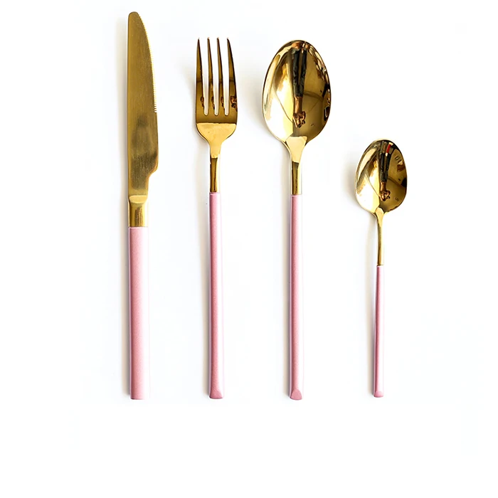 Кухонные стальные столовые приборы, столовые приборы, набор посуды для путешествий, розовая Золотая вилка, кофейная/чайная ложка, нож, красивый набор посуды, Прямая поставка - Цвет: LF7pinkgold1set