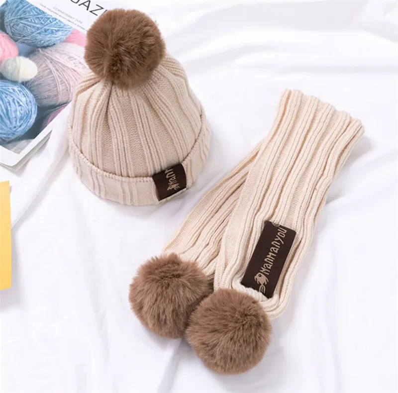 Kids Winter Warm Hat And Scarf Child Ribbed Knitted Pom Pom Cap Scarves 2 Piece Set Baby Girl Boys Accessories 6-36 month - Цвет: Beige 2 Pcs Set