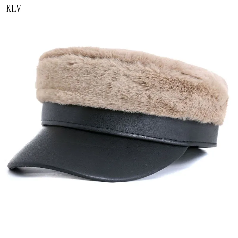 Beige Женская зимняя короткая плюшевая Кепка с плоским верхом, берет контрастного цвета из искусственной кожи, Регулируемая Кепка Newsboy в стиле ретро, темно-синяя шапка - Цвет: Beige