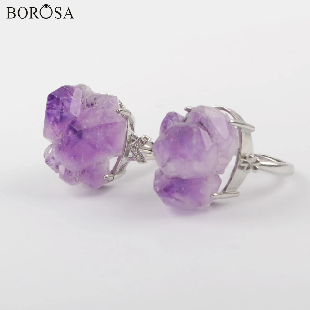 BOROSA драгоценные камни кольца, 10 шт. серебряное покрытие натуральные аметисты граненый открытый кольцо кристалл натурального кварца кольца ювелирные изделия для леди ZG0433