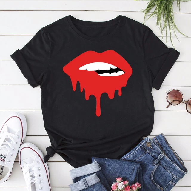Summer Fashion Shirt Lips Leopard Graphic T Shirt Women Harajuku Tops  O-neck 4 colors Tee Kiss Lip Funny Girls  T-shirt Lips 8 Black