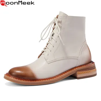 

MoonMeek 2020 Genuine leather boots med heels round toe comfortable casual ladies shoes autumn winter ankle boots for woman