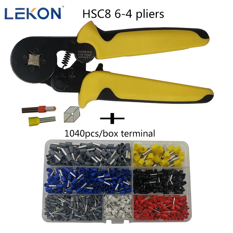Yellow Black 1040 HSC8 6-4 Crimping Pliers Crimper Tubular Terminal 0.25-10mm2 Crimper Suit Hand Tools Crimping Tools Terminals Box 0.5-10 Suit - Color: Yellow Black 1040