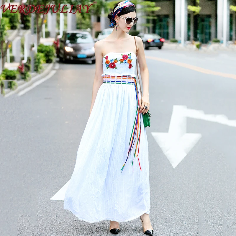 

VERDEJULIAY European Party Outfit Vintage Dresses Luxury Embroidery Chest Strapless With Anti-Slip Belt Ribbon Waist Long Dress