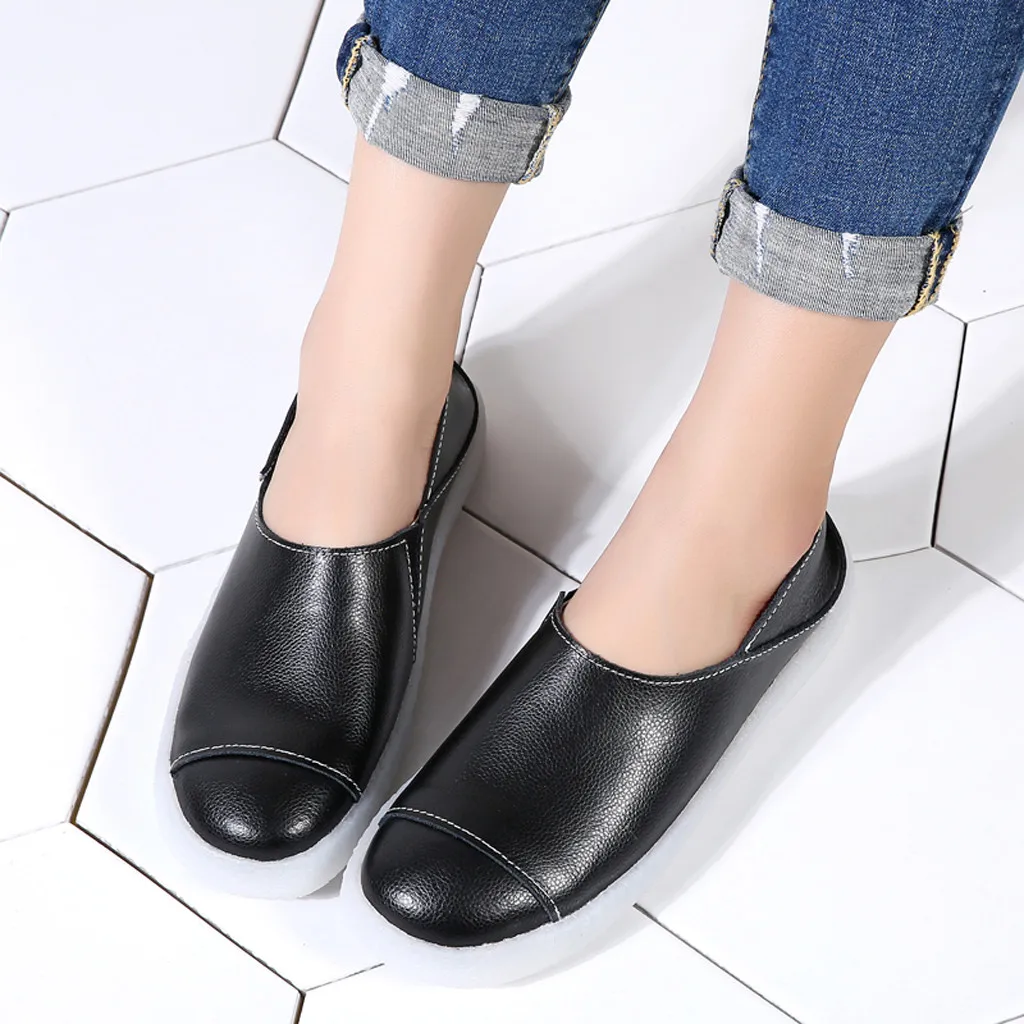 

SAGACE 2019 Fashion Women's Pure Color Round Toe Leather Slip On Flat Shoes Comfortable Loafers Ladies Mobilizable Shoes Jul31