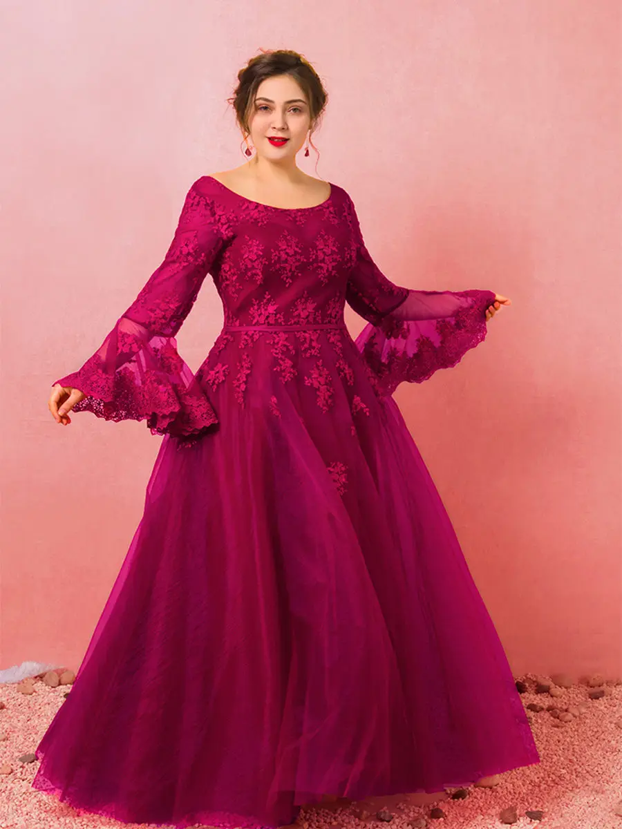Вечерние платья с длинным рукавом Robe De Soiree T466 с О-образным вырезом, розовые красные женские вечерние платья размера плюс, кружевное вечернее платье с открытой спиной