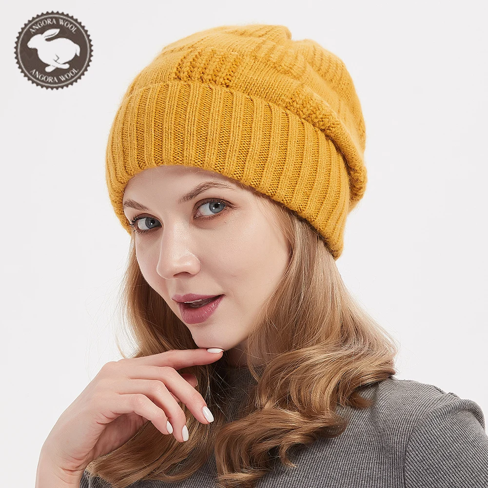 Winter Angora Rabbit Fur Hat for Women Warm Knit Beanie Hats with Cat Ears Girls | Аксессуары для одежды