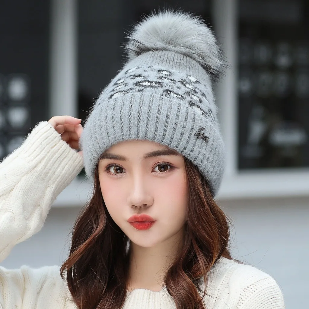 Women Beanies Pom Poms Rabbit Hat Beanie Knitted Skullies Fashion Caps Ladies Knit Cap Winter Hats For Women