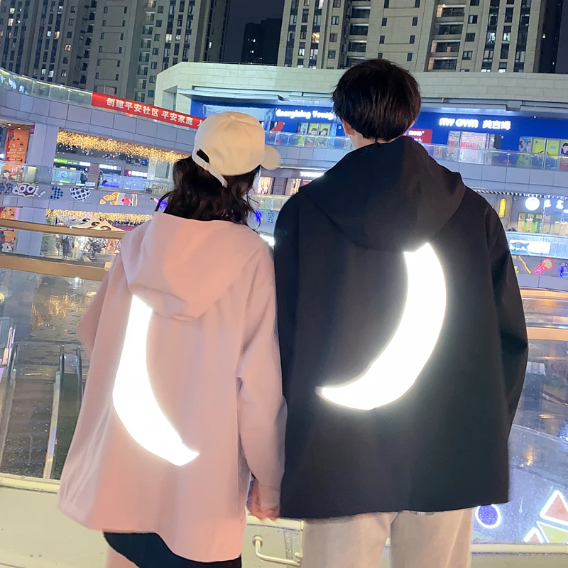 

Dossan Men Streetwear Reflective Jackets Windbreaker 2020 Mens Harajuku HipHop Jackets Black Pink Couple Moon Coats Loose Jacket