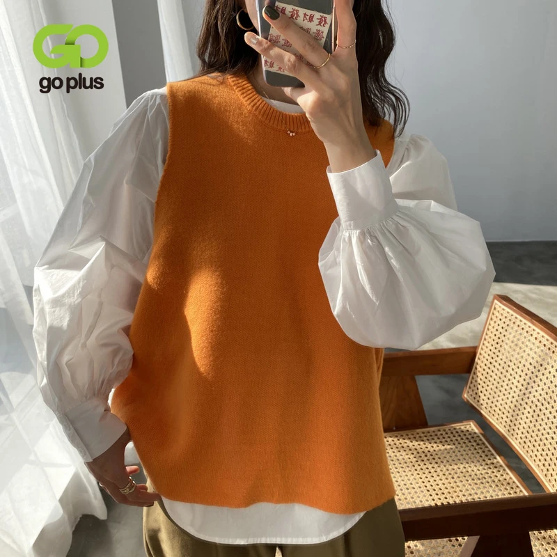 

GOPLUS Woman Sweaters Autumn Women O-neck Sleevless Oversized Sweater Vest Pullover Pull Femme Vrouw Truien Dames Trui C10727