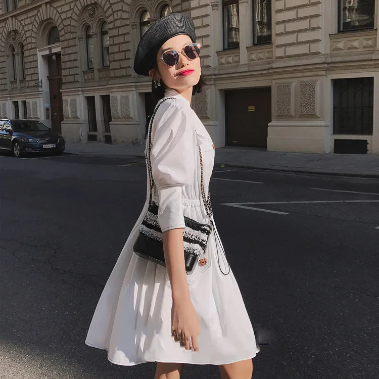 Женское белое платье-рубашка, осеннее платье с v-образным вырезом, три четверти, однобортное Платье-туника на шнурке, Женский праздничный наряд с открытой строчкой