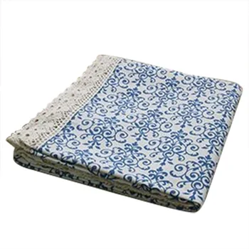 

Retro Blue and White Table Cloth with Lace Cotton & Linen Print Chinese Style Rectangular Dinning Tablecloths Cover Home Décor