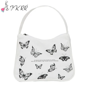 

S.IKRR Women Small Handbag Butterfly Print Canvas Tote Ladies' Fashion Underarm Bag Zipper Half Moon Bags Cotton Cloth Purse