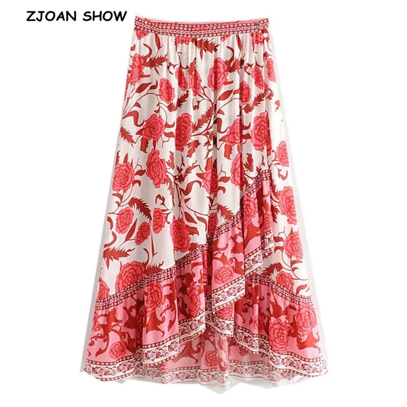 New Bohemia Red White Flower Print Front Split Ruffles Hem High Waist Asymmetrical Swing Women Wrap Skirts Holiday