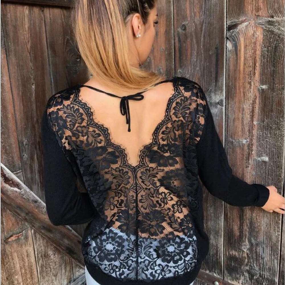 

Pre-Autumn Sexy Women Sheer Long Sleeve Back See-through V Embroidery Floral Lace Crochet Tie Bow Knot Tops Blouse