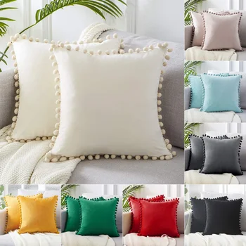 

1PC Home Decorative Throw Pillow Covers with Pom Poms Soft Particles Velvet Solid Cushion Cover