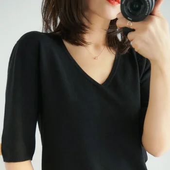 

womens t shirt tops halfsleeves knitting tshirts v-neck soft warm basicshirt short fashion pullover solid casual thin Tees