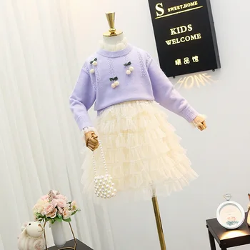 

Girls sweater suit skirt knitted bottoming dress long sleeve 2020 spring and autumn style cake princess dress two-piece