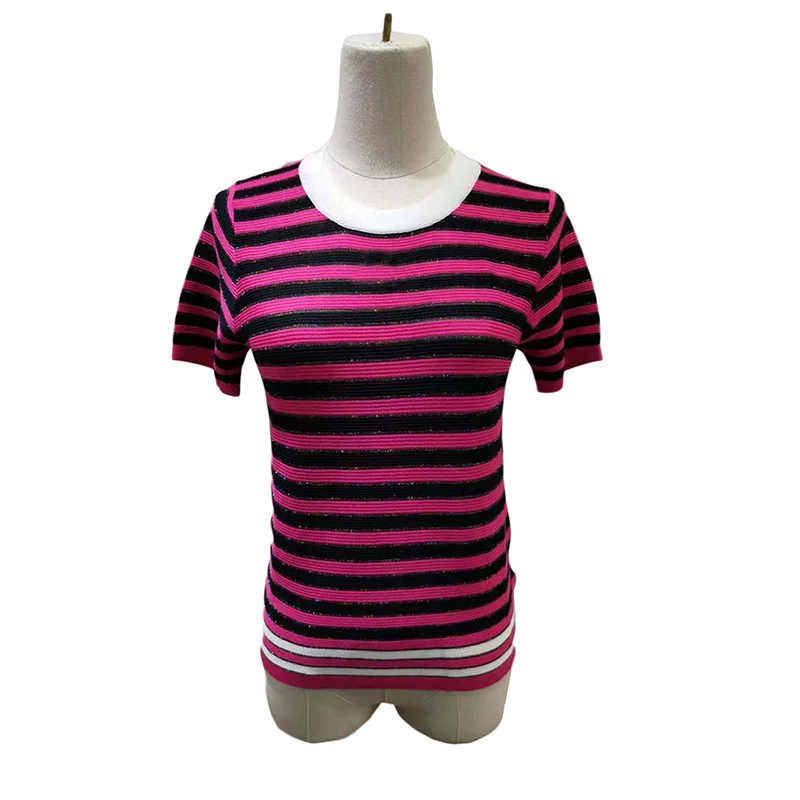 Женские футболки, новая мода, футболка в полоску, подиум, дизайнерские, с буквенным принтом, с бисером, вязаные топы для женщин, тонкая трикотажная одежда, Femme B-291 - Цвет: rose red