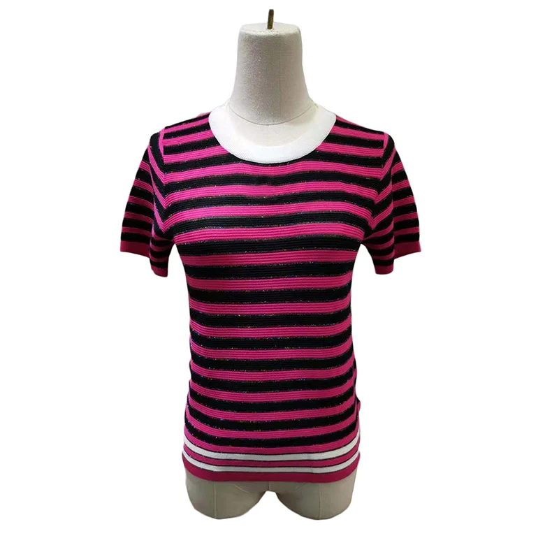 rose red Женские футболки, новая мода, футболка в полоску, подиум, дизайнерские, с буквенным принтом, с бисером, вязаные топы для женщин, тонкая трикотажная одежда, Femme B-291 - Цвет: rose red