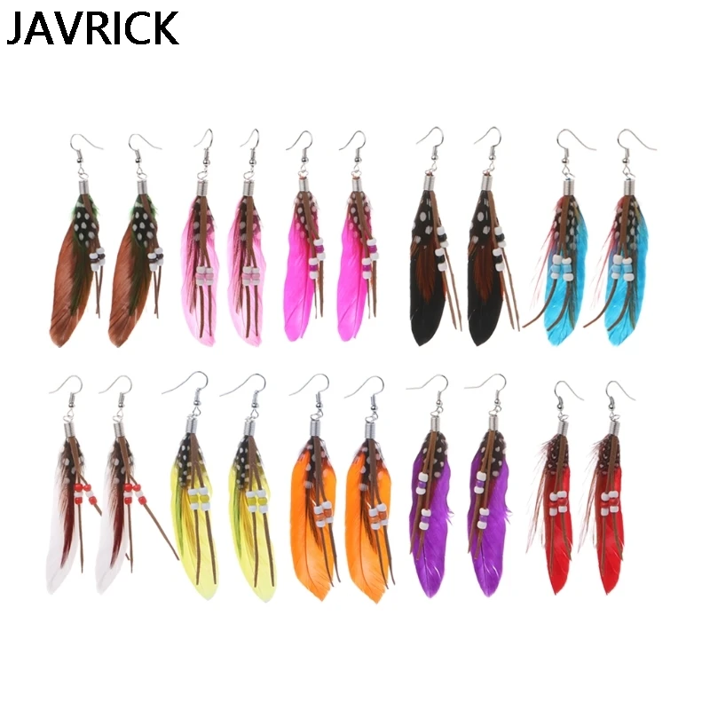 

1 Pair Bohemia Handmade Natural Goose Feather Beads Tassel Dangle Earrings Women