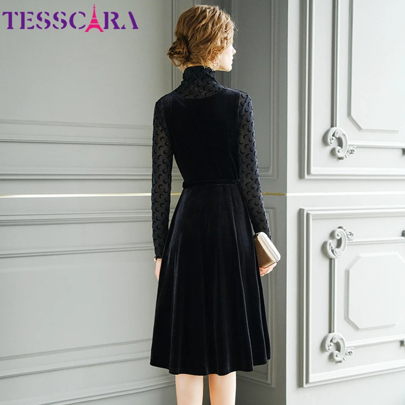 TESSCARA женское осеннее и зимнее элегантное бархатное платье Festa женские сетчатые дизайнерские вечерние платья высокого качества с высоким воротником Vestidos