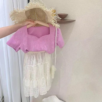 

Summer girls 2 pcs set baby tee shirt + skirt kids suits children fashion clothes U neck solid lace tutu embroidery 3 to 8 yrs