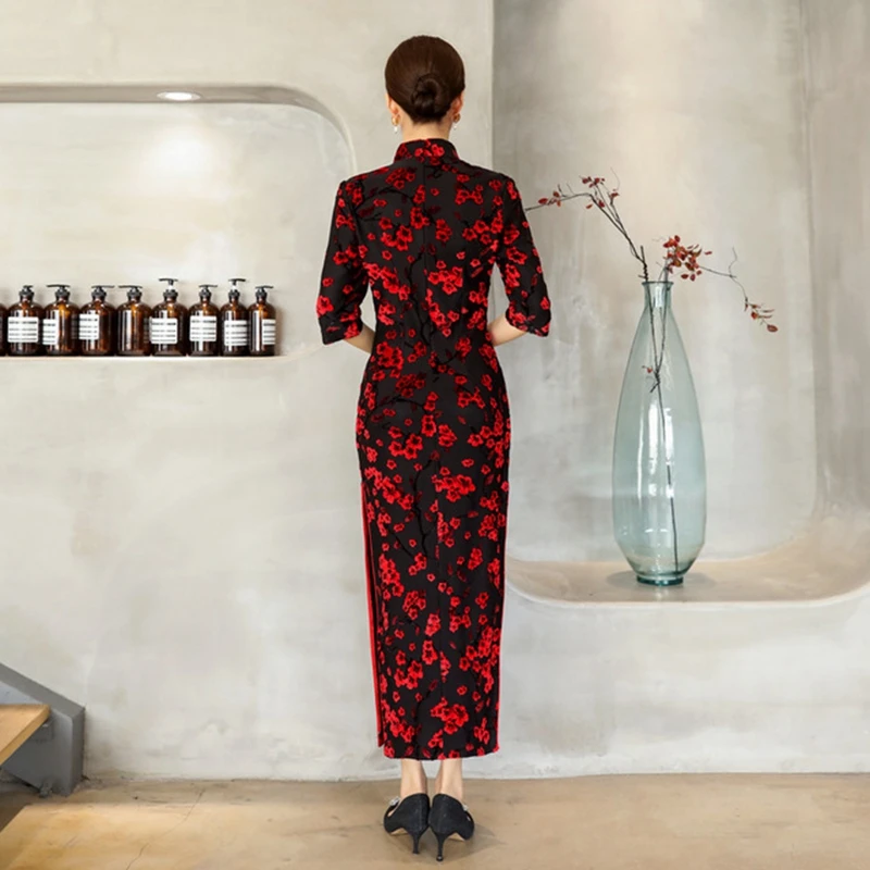 Китайский стиль, свадебное кружевное платье для мамы, осень и зима, Cheongsam, Ретро стиль, элегантное, длинное, тонкое платье, с высокой открытой пяткой, костюмы XL
