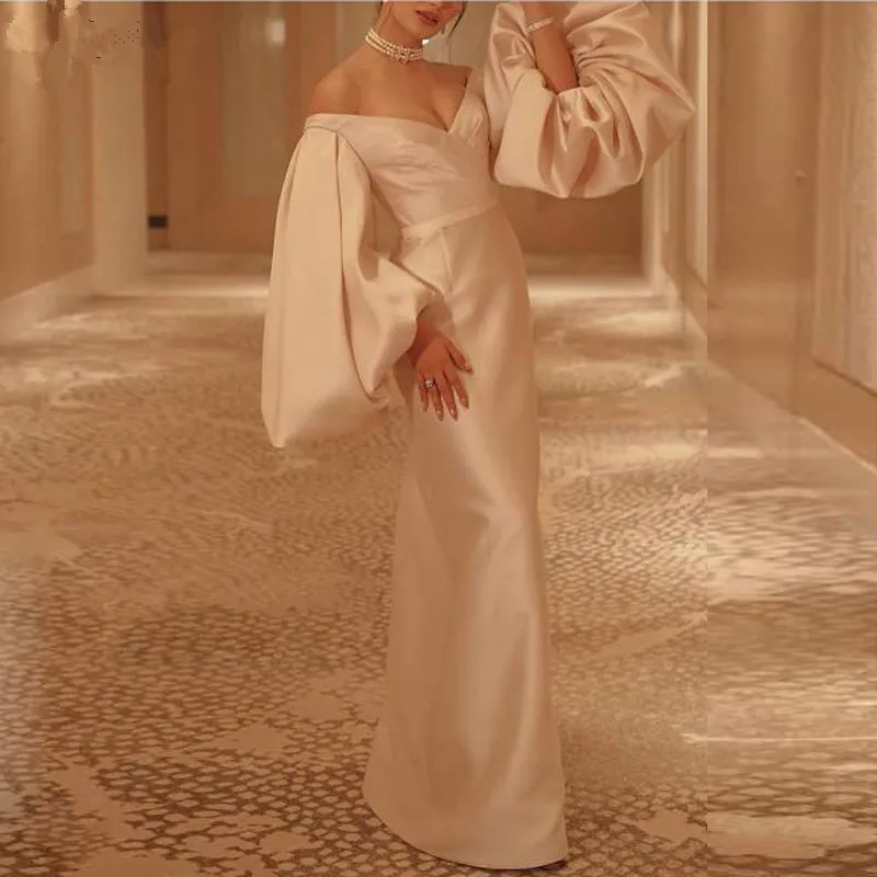 

Elegant Straight Off the Shoulder Prom Dresses Puffy Long Sleeve V Neck Floor Length Evening Dress in Turkey Formal Party Gowns