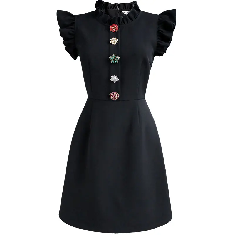 Dabuwawa Exclusive Vintage Black Summer Dress Women Sleeveless Single Breasted A-Line Ruffle Neck Elegant Dress Ladies DO1BDR003