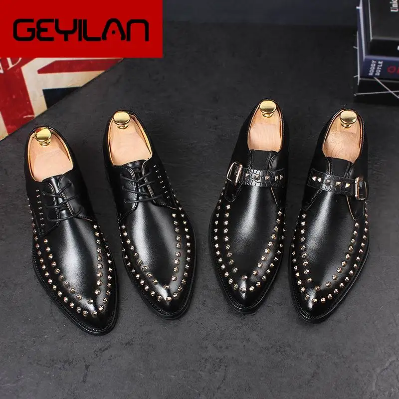 

Luxury Men Black Dress Shoes Fashion 5cm Inside Height Increasing Rivets Charm Derby Shoes Man Wedding Party Shoes 37-44