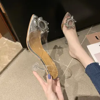 

Women Slippers 2021 High Heels PVC Transparent Sexy Slippers Thin heel sandals Pointed Slides Female Big Size 35-42 Shoes Woman