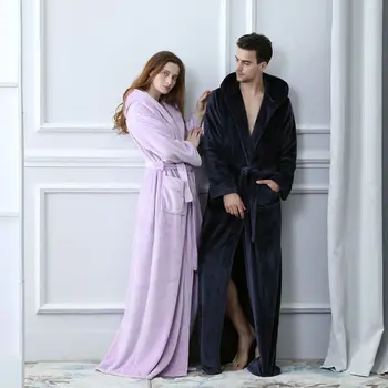 

Women Men Nightgown Warm Bath Robes Dressing Gowns Winter Lovers Stitch Soft Bathrobe With Hood Home Clothes