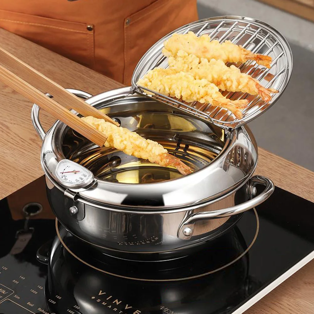 Newest Japanese Deep Frying Pot with a Thermometer and Lid 304 Stainless Steel Kitchen Tempura Fryer Pan Cooking Tools | Дом и сад