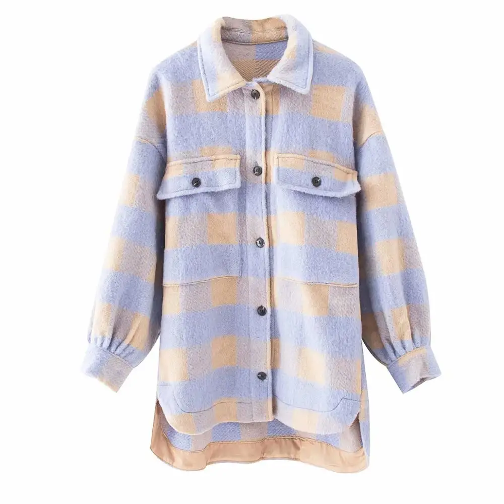 

2020 Spring Women's Purple Yellow Plaid Coat shirt style pockets streetwear woman Oversize Coats female jacket chic