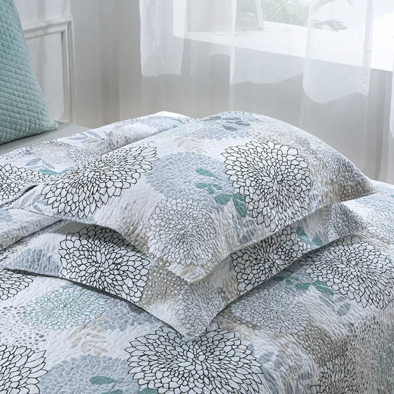 Copriletto trapuntato sul letto Set trapunta in cotone 3 pezzi Copriletto stampato Coperta di lino Coprimaterasso imbottito Trapunte Coprimaterasso - immagine 5