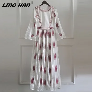 

LINGHAN 100%cotton Embroidery Maxi Dress Fashion Lace Patchwork Long Sleeve Big swing Party Dresses Designer Spring Summer New