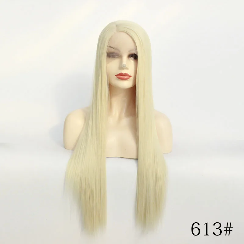 60# платиновый блонд синтетический парик на кружеве для женщин высокотемпературное волокно длинная прямая шнуровка, парики с детскими волосами молочно-белый - Цвет: #613