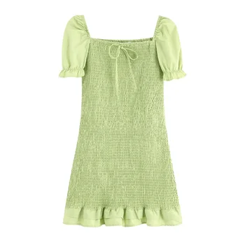 

Summer 2019 French retro collar waist slim temperament elastic fold lotus leaf hem dress