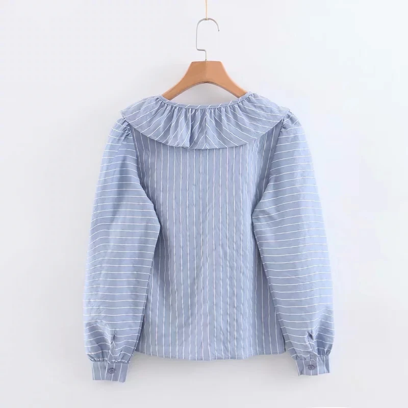 Увядшие blusas mujer de moda Англия винтажная синяя полосатая хлопковая рубашка с оборками кимоно блузка женские топы и блузки