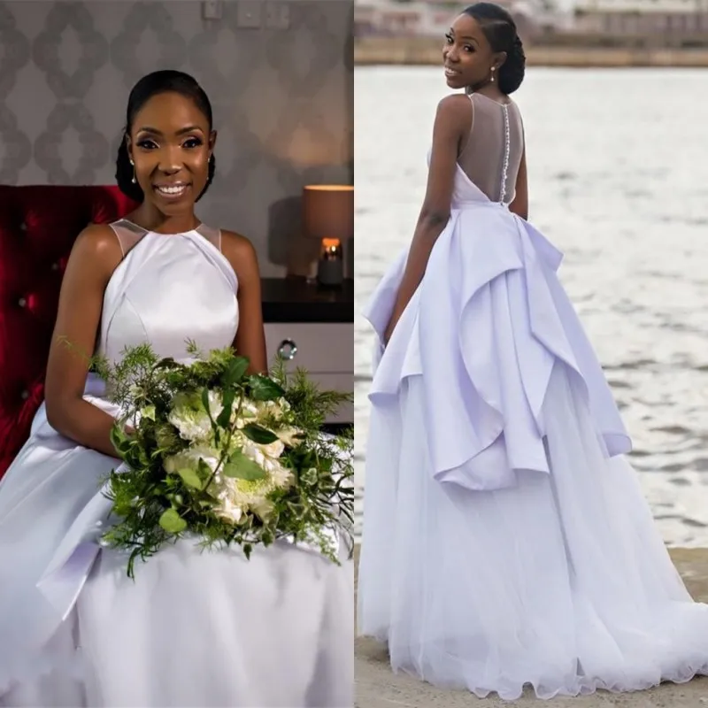 

Country Style Wedding Dresses O-Neck Illusion Back Button Tiered Bridal Gowns Cheap Satin And Tulle African vestido de noiva